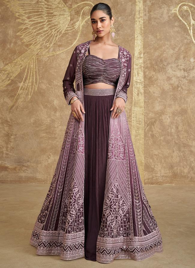 Chinnon Silk Wine Wedding Wear Embroidery Work Readymade Lehenga Choli With Koti